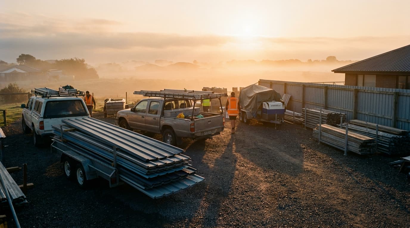 Top Roofing Ltd work vehicles and trailers at the yard