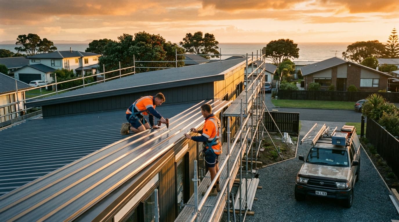 Roofer installing long-run steel roofing on a Wellington home
